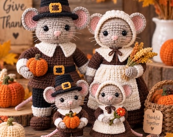 Häkelanleitung für eine Pilgermausfamilie, Amigurumi-Mäuse für Thanksgiving (PDF)