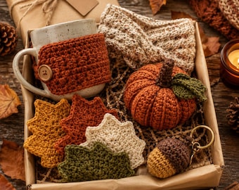 Autumn Crochet Gift Set Pattern Bundle,Pumpkin Decor, Mug Cozy,Leaf Coasters, Acorn Keychain, Fall Crochet ,PDF