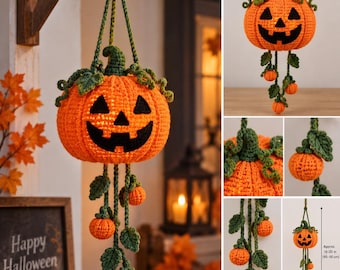 Crochet Hanging Jack-O'-Lantern Pattern ,Halloween Pumpkin Wall Decor |,Autumn Crochet Ornament ,PDF
