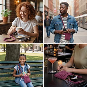 K&ouml;nnte beinhalten: Eine Sammlung von Bildern, die eine geh&auml;kelte Handytasche in tiefem Magenta zeigen. Die Tasche wird von verschiedenen Personen in verschiedenen Umgebungen getragen, darunter ein Caf&eacute;, eine Stadtstra&szlig;e und ein Park. Die Tasche hat einen langen Riemen und eine Quaste.