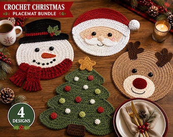Häkelanleitungsset für weihnachtliche Tischsets, festliche Tischdekoration, Weihnachtsmann, Schneemann, Rentier, PDF