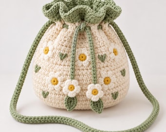 Crochet Daisy Drawstring Pouch Pattern | Floral Bag Tutorial ,PDF