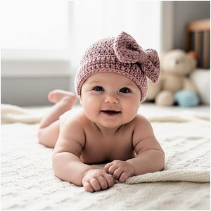 Op de afbeelding: Een lachende baby draagt een stoffig roze gehaakte muts met een grote strik. De baby ligt op een crèmekleurige deken en kijkt recht in de camera. De achtergrond omvat een raam en een teddybeer.