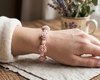 Crochet Rose Bracelet Pattern, Pearl Floral Jewelry, Tiny Flower Crochet PDF