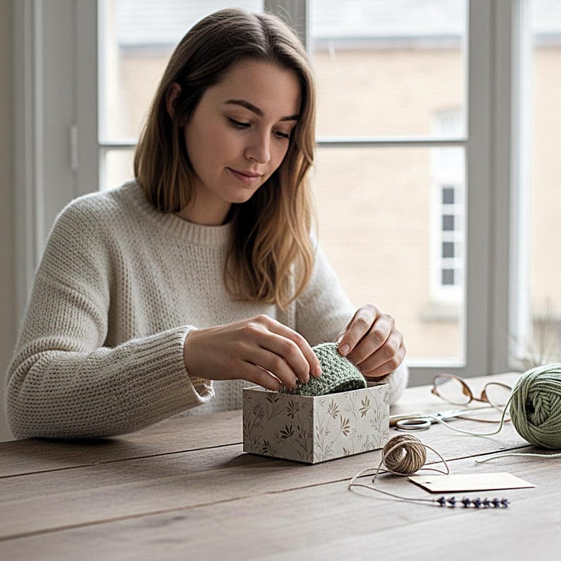 K&ouml;nnte beinhalten: Eine Person arbeitet an einem Bastelprojekt an einem Holztisch in der N&auml;he eines Fensters. Eine kleine, dekorative Schachtel mit floralem Design enth&auml;lt einen gr&uuml;nen H&auml;kelartikel. Auf dem Tisch befinden sich Schere, Bindfaden und ein Kn&auml;uel gr&uuml;ne Wolle.