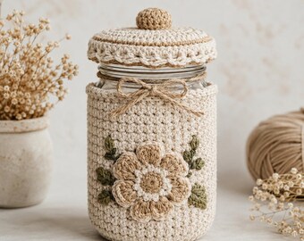 Crochet Jar Cover Pattern | Floral Mason Jar Cozy Tutorial | Handmade Kitchen Decor | Rustic Home Storage Crochet DIY | Beginner Crochet PDF