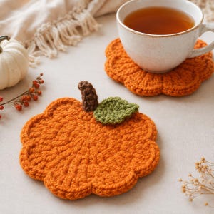 May include: A pumpkin-shaped crochet coaster in bright orange yarn, featuring a small brown stem and a single green leaf attached to the top. The coaster has a scalloped edge and a textured, circular stitch pattern throughout the design.
