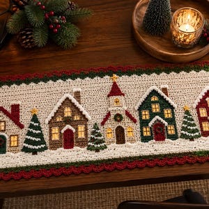 Peut inclure: Un chemin de table rectangulaire en crochet représentant un village d'hiver avec des maisons, une église et des sapins dans des tons rouge, vert, marron et crème. Le motif inclut des lampadaires et une bordure festonnée rouge et verte.
