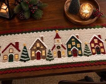 Christmas Village Table Runner Crochet Pattern, Holiday Table Decor, Festive Crochet Digital Pattern,PDF