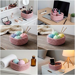 Pode incluir: Uma cole&ccedil;&atilde;o de cestos cor-de-rosa de croch&eacute; em v&aacute;rios ambientes. Um cesto cont&eacute;m pinc&eacute;is de maquilhagem, outro l&atilde; e outro produtos de banho. Os cestos s&atilde;o utilizados para organiza&ccedil;&atilde;o e armazenamento, e s&atilde;o mostrados numa secret&aacute;ria, numa mesa e numa mesa de cabeceira.