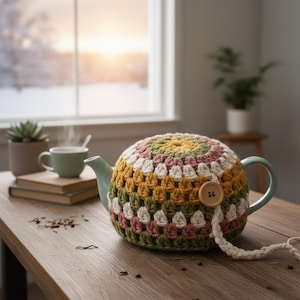 Puede incluir: Una tetera turquesa con una colorida funda de ganchillo en tonos amarillos, verdes, rosas y blancos. La funda tiene un cierre de botón de madera. Una taza de té y libros están sobre la mesa de madera.