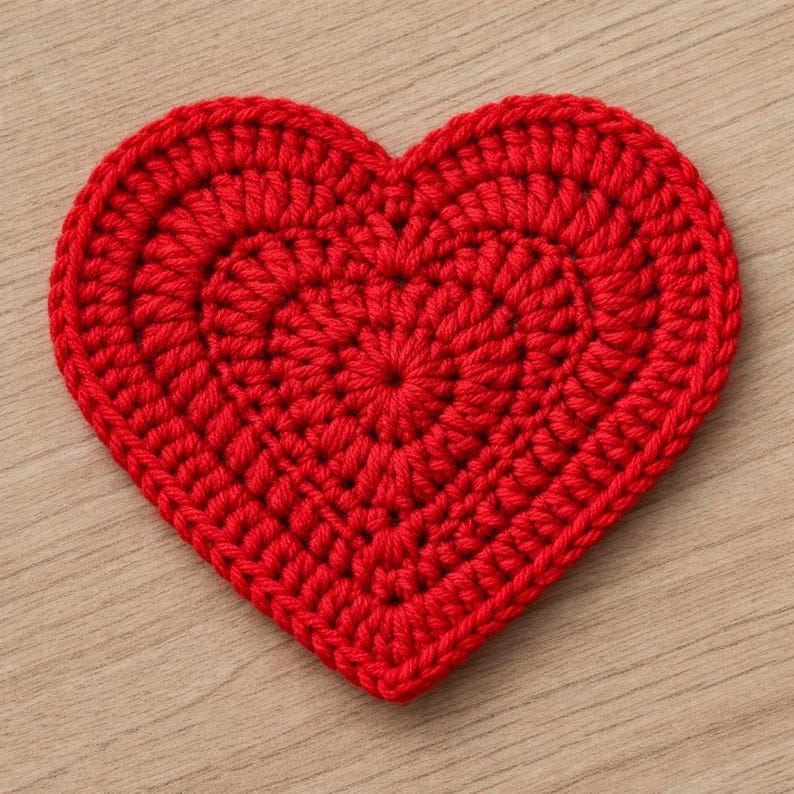Op de afbeelding: Een handgemaakte, rode gehaakte hartvormige onderzetter. De onderzetter is gemaakt met een strak steekpatroon, waardoor een textuur ontstaat. De hartvorm is duidelijk gedefinieerd, met een afgeronde bovenkant en een puntige onderkant. Geplaatst op een licht houten oppervlak.