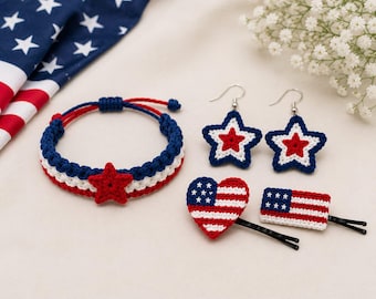 Patriotic Jewelry Crochet Pattern, American Flag Crochet Accessories Pattern, Star Earrings, Bracelet and Flag Hair Clips, PDF