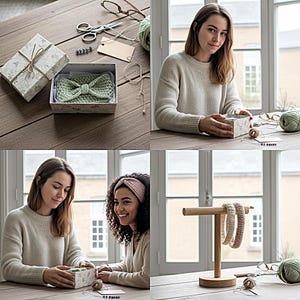 K&ouml;nnte beinhalten: Eine Sammlung handgefertigter Stirnb&auml;nder und Accessoires. Das Bild zeigt eine Frau, die eine Geschenkbox mit einem gr&uuml;nen Stirnband h&auml;lt. Weitere Stirnb&auml;nder werden auf einem Holzst&auml;nder ausgestellt. Die Szene umfasst Garn, Schere und ein leeres Etikett.
