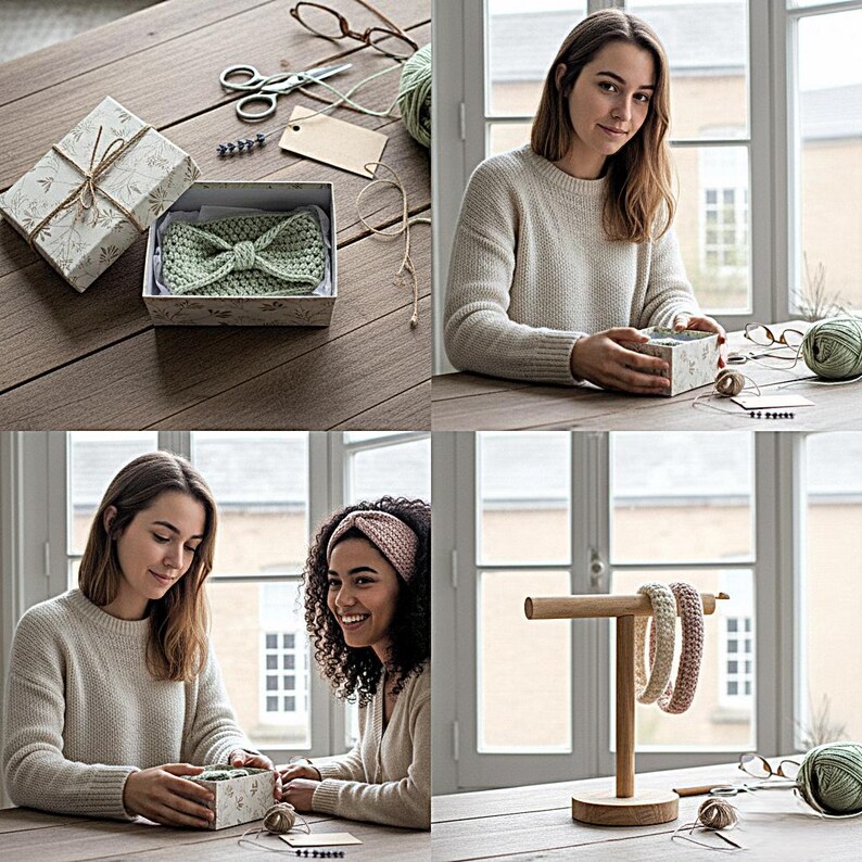 K&ouml;nnte beinhalten: Eine Sammlung handgefertigter Stirnb&auml;nder und Accessoires. Das Bild zeigt eine Frau, die eine Geschenkbox mit einem gr&uuml;nen Stirnband h&auml;lt. Weitere Stirnb&auml;nder werden auf einem Holzst&auml;nder ausgestellt. Die Szene umfasst Garn, Schere und ein leeres Etikett.