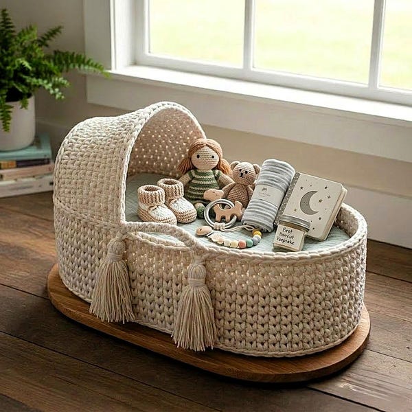 Crochet DIY Moses Basket For Dolls Pattern, Large Toy Storage Basket, Thick Yarn Wooden Base Moses Basket PDF