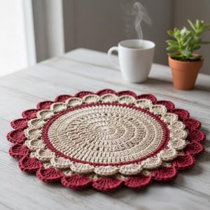 May include: A circular, handmade crochet doily in beige, burgundy, and tan. The doily features a scalloped edge and is placed on a light-coloured wooden table. A white mug with steam rising from it and a small potted plant are in the background.