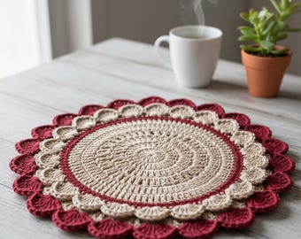 Crochet Round Placemat Pattern, Crochet Doily Placemat Pattern, Round Table Mat Crochet Pattern, Scalloped Edge Crochet Placemat, PDF