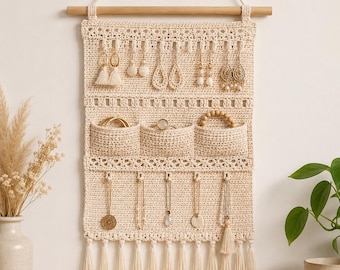 Crochet Wall Jewelry Organizer with Pockets, Earring Holder and Tassel Fringe,PDF
