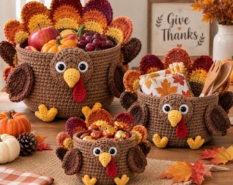 Crochet Turkey Basket Pattern, Thanksgiving Storage Basket,  Holiday Home Decor,PDF