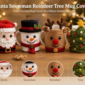 Può includere: Quattro copritazza all'uncinetto con motivi natalizi: un Babbo Natale rosso, un pupazzo di neve bianco con cilindro nero, una renna beige con corna marroni e un albero verde con una stella gialla. Testo: Santa Snowman Reindeer Tree Mug Covers.