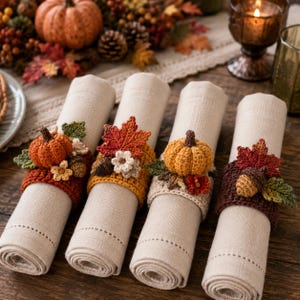May include: Four rolled beige linen napkins secured with crocheted napkin rings. Each ring features autumn-themed embellishments including orange pumpkins, red and green maple leaves, small white flowers, and brown acorns in various color combinations.
