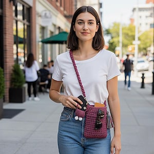K&ouml;nnte beinhalten: Eine bordeauxfarbene H&auml;keltasche mit passendem Riemen, in der sich ein Telefon, eine Sonnenbrille und ein kleines Portemonnaie befinden. Die Tasche hat eine Quaste und wei&szlig;e Zierperlen. Die Person tr&auml;gt ein wei&szlig;es T-Shirt und blaue Jeans.
