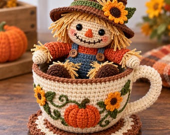 Crochet Scarecrow in Coffee Cup Pattern, Fall Amigurumi Doll, Halloween Pumpkin Mug Decor,PDF