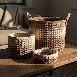 Può includere: Tre cesti lavorati a mano all'uncinetto di diverse dimensioni. I cesti sono cilindrici con una sfumatura di colore, che va dal beige chiaro al marrone. Il cesto più grande ha manici.