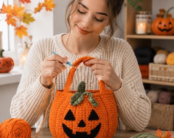 Crochet Pumpkin Bag,Handmade Halloween Tote,Autumn Gift Bag,Fall Decor Basket, PDF