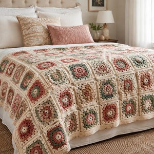 Könnte beinhalten: Eine Häkeldecke mit einem sich wiederholenden Granny-Square-Muster in den Farben Creme, Salbeigrün und Altrosa. Die quadratischen Motive sind mit cremefarbenem Garn verbunden und bilden ein strukturiertes, geometrisches Design auf dem Bett.