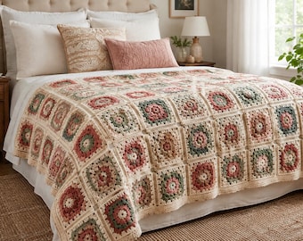 Crochet Granny Square Blanket Pattern PDF, Colorful Bed Throw Crochet Pattern, Cozy Afghan Pattern, Beginner Friendly Digital Download,PDF