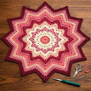 Puede incluir: Un tapete de ganchillo hecho a mano en forma de estrella, en tonos de rosa, crema y burdeos. El intrincado diseño presenta capas concéntricas de color, con un patrón floral central. Unas tijeras, una aguja y un hilo están al lado.
