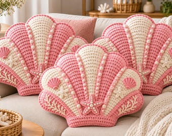 Crochet Seashell Pillow, Pink Coastal Cushion, Handmade Beach Home Decor,PDF