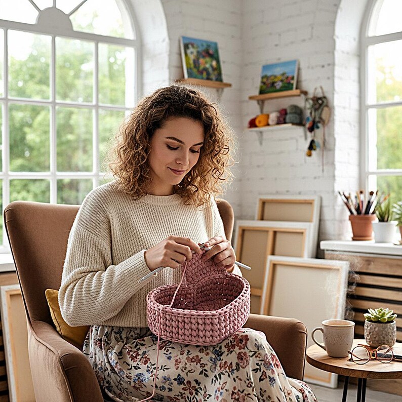 Pode incluir: Uma pessoa sentada numa cadeira est&aacute; a fazer crochet numa cesta rosa. A cesta est&aacute; em processo de fabrico, com a agulha de crochet e o fio vis&iacute;veis. A sala tem uma janela, pinturas e materiais de arte.