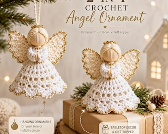 2-in-1 Crochet Angel Ornament Pattern, Christmas Tree Decoration & Gift Topper, Handmade Holiday Decor, PDF