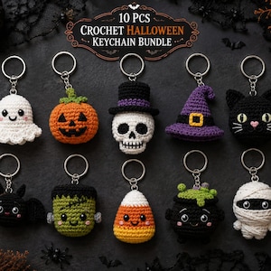 May include: A 10-piece crochet Halloween keychain bundle featuring a white ghost, orange pumpkin, skull with a top hat, purple witch hat, black cat, black bat, green monster, candy corn, black cauldron with green potion, and a white mummy.