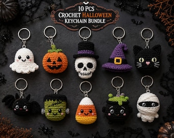 10 Halloween Amigurumi Keychain Bunddle Patterns, Spooky Crochet Keychain, Mini Halloween Crochet Patterns: Ghost, Pumpkin, Cat and More PDF