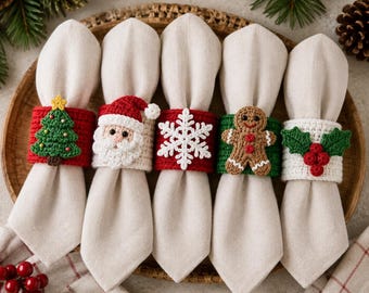 Christmas Crochet Napkin Ring Pattern, 5 Piece Holiday Set, Step by Step, PDF