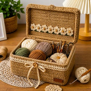May include: A rectangular tan crochet storage box with a hinged lid, decorated with a row of white crocheted flowers and a front bow. The interior contains several balls of yarn in green, white, brown, and tan, along with metal crochet hooks.
