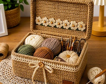 Crochet Storage Basket Pattern, Floral Craft Box with Lid, Yarn Organiser, Handmade Crochet Container, PDF