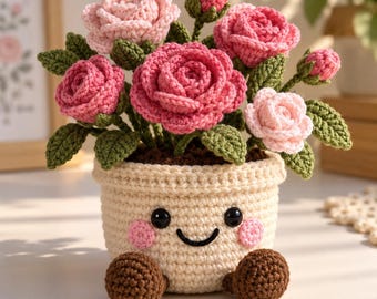 Crochet Smiley Rose Pot Pattern, Rose Bouquet Amigurumi Flower , PDF