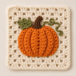 Puede incluir: Un cuadrado de ganchillo en color blanco roto con una aplicación de calabaza naranja en tres dimensiones en el centro. La calabaza tiene un tallo marrón oscuro, una hoja verde texturizada y un zarcillo verde fino y rizado hacia la derecha.