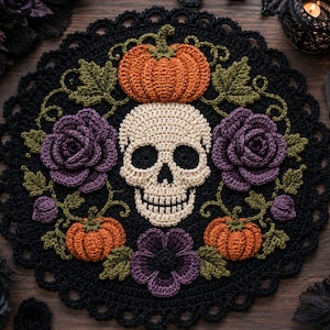 May include: A round black crochet doily featuring a central cream-colored skull surrounded by two orange pumpkins, two purple roses, one purple flower, and green leaves. The circular piece has a decorative scalloped edge and intricate yarn work.
