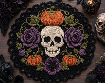 Crochet Skull Halloween Mat Pattern, Pumpkin Floral Doily PDF, Gothic Table Centrepiece, Spooky Home Decor, PDF