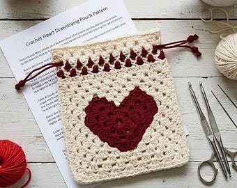 Crochet Heart Drawstring Pouch, Crochet Valentine Pouch, Crochet Love Bag, Crochet Coin Purse, Crochet Drawstring Bag, PDF