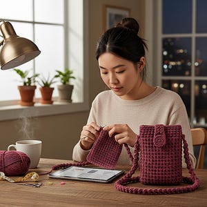 K&ouml;nnte beinhalten: Eine Frau h&auml;kelt eine weinrote Handytasche mit passendem Riemen. Die Tasche hat eine Klappe mit Knopfverschluss. Ein Wollkn&auml;uel, eine Tasse Kaffee und ein Tablet liegen auf dem Holztisch.