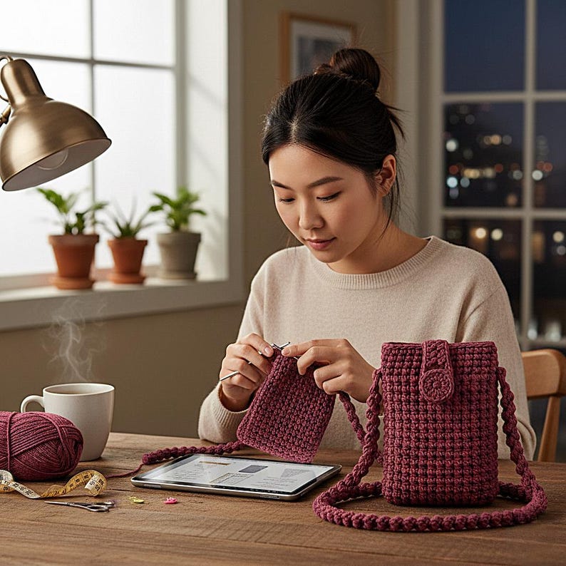 K&ouml;nnte beinhalten: Eine Frau h&auml;kelt eine weinrote Handytasche mit passendem Riemen. Die Tasche hat eine Klappe mit Knopfverschluss. Ein Wollkn&auml;uel, eine Tasse Kaffee und ein Tablet liegen auf dem Holztisch.