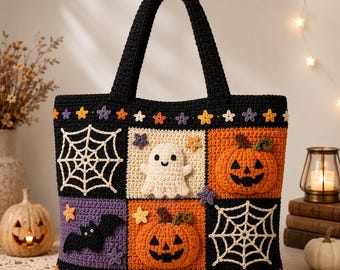 Handmade Crochet Halloween Tote Bag,Ghost Pumpkin and Spiderweb Market Bag,PDF