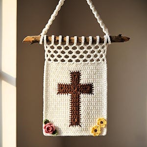 Könnte beinhalten: Ein handgefertigter, cremefarbener Häkelwandbehang mit einem braunen Kreuzdesign. Das Stück ist mit kleinen, farbenfrohen Häkelblumen verziert und wird mit einem weißen Seil an einem Ast aufgehängt.